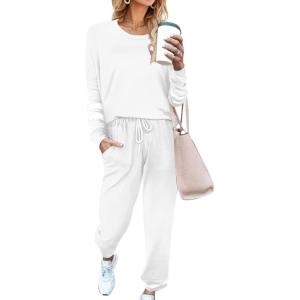 imageEkouaer Sweatsuits Womens Loungewear Set Tracksuit Long Sleeve Pajamas Set with Pockets 2 Piece Outfits Lounge SetsWhite