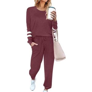 imageEkouaer Sweatsuits Womens Loungewear Set Tracksuit Long Sleeve Pajamas Set with Pockets 2 Piece Outfits Lounge SetsWine Red