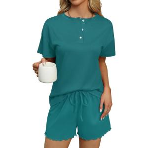 imageEkouaer Tie Dye Pajamas Set Womens Loungewear Sleepwear 2 Piece PJ SetsBlue Green