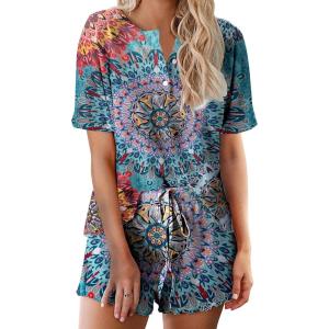 imageEkouaer Tie Dye Pajamas Set Womens Loungewear Sleepwear 2 Piece PJ SetsBlue Round Flower