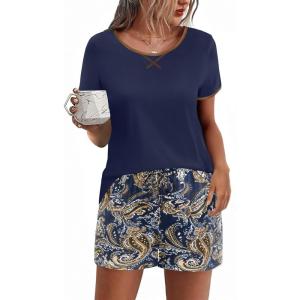imageEkouaer Women Pajama Set Casual Short SetBlue Paisley Print