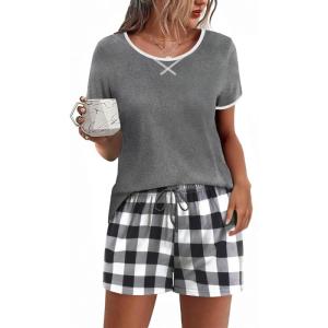 imageEkouaer Women Pajama Set Casual Short SetDark Grey and White Plaid