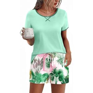 imageEkouaer Women Pajama Set Casual Short SetGreen Hawaii Leaves