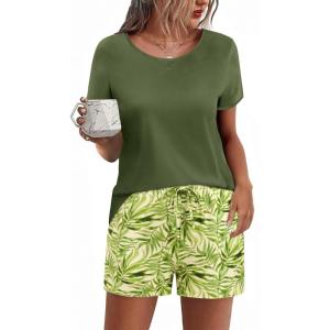 imageEkouaer Women Pajama Set Casual Short SetGreen Leaves