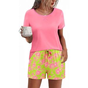 imageEkouaer Women Pajama Set Casual Short SetGreen Pink Flower