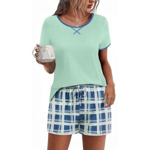 imageEkouaer Women Pajama Set Casual Short SetGreen and Blue Plaid