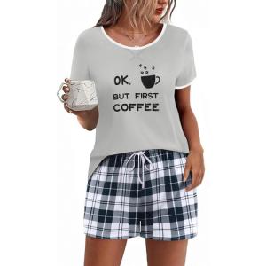 imageEkouaer Women Pajama Set Casual Short SetGrey  Black Plaid