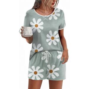 imageEkouaer Women Pajama Set Casual Short SetGrey and White Flowers