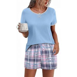 imageEkouaer Women Pajama Set Casual Short SetLight Blue and White Plaid