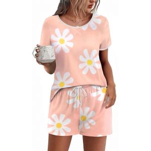 imageEkouaer Women Pajama Set Casual Short SetPink and White Flowers