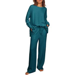 imageEkouaer Womens Pajama Set 2 Piece Long Sleeve Lounge Set Micro Fleece Pjs Soft Loungewear SXXLBlue Green