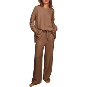 imageEkouaer Womens Pajama Set 2 Piece Long Sleeve Lounge Set Micro Fleece Pjs Soft Loungewear SXXLBrown