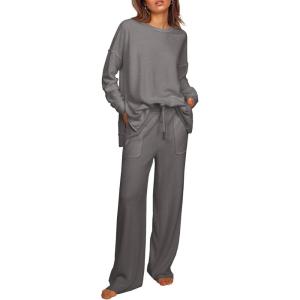 imageEkouaer Womens Pajama Set 2 Piece Long Sleeve Lounge Set Micro Fleece Pjs Soft Loungewear SXXLDark Grey