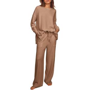 imageEkouaer Womens Pajama Set 2 Piece Long Sleeve Lounge Set Micro Fleece Pjs Soft Loungewear SXXLKhaki