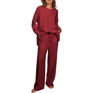 imageEkouaer Womens Pajama Set 2 Piece Long Sleeve Lounge Set Micro Fleece Pjs Soft Loungewear SXXLWine Red