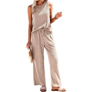 imageEkouaer Womens Pajamas 2 Piece Lounge Set Waffle Knit Loungewear Sleeveless Tank Top with Long Pants Outfits SXXLKhaki