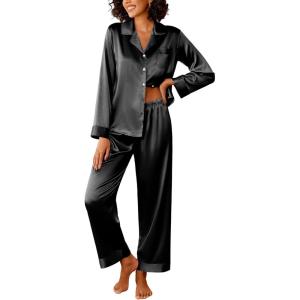 imageEkouaer Womens Silk Satin Pajama Sets 2 Piece Sleepwear Pjs Set Long Sleeve Button Down Top and Pants Stripe Loungewear SXXLBlack
