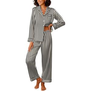 imageEkouaer Womens Silk Satin Pajama Sets 2 Piece Sleepwear Pjs Set Long Sleeve Button Down Top and Pants Stripe Loungewear SXXLBlack Champagne Stripe