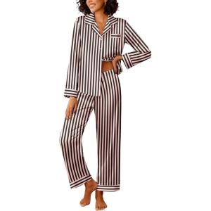 imageEkouaer Womens Silk Satin Pajama Sets 2 Piece Sleepwear Pjs Set Long Sleeve Button Down Top and Pants Stripe Loungewear SXXLBlack Pink Stripe
