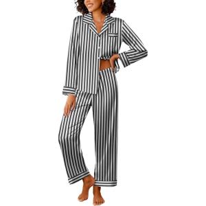 imageEkouaer Womens Silk Satin Pajama Sets 2 Piece Sleepwear Pjs Set Long Sleeve Button Down Top and Pants Stripe Loungewear SXXLBlack White Stripe