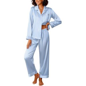 imageEkouaer Womens Silk Satin Pajama Sets 2 Piece Sleepwear Pjs Set Long Sleeve Button Down Top and Pants Stripe Loungewear SXXLBlue White Stripe