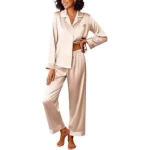imageEkouaer Womens Silk Satin Pajama Sets 2 Piece Sleepwear Pjs Set Long Sleeve Button Down Top and Pants Stripe Loungewear SXXLChampagne