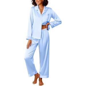 imageEkouaer Womens Silk Satin Pajama Sets 2 Piece Sleepwear Pjs Set Long Sleeve Button Down Top and Pants Stripe Loungewear SXXLLight Blue