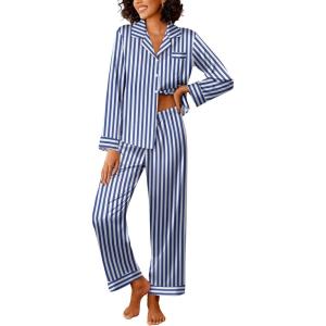 imageEkouaer Womens Silk Satin Pajama Sets 2 Piece Sleepwear Pjs Set Long Sleeve Button Down Top and Pants Stripe Loungewear SXXLNavy White Stripe