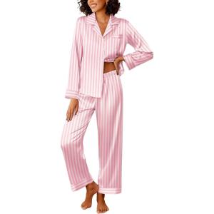 imageEkouaer Womens Silk Satin Pajama Sets 2 Piece Sleepwear Pjs Set Long Sleeve Button Down Top and Pants Stripe Loungewear SXXLPink White Stripe