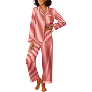 imageEkouaer Womens Silk Satin Pajama Sets 2 Piece Sleepwear Pjs Set Long Sleeve Button Down Top and Pants Stripe Loungewear SXXLRed White Stripe