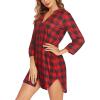 imageEkouaer Womens Nightgown V Neck Striped Button Down Sleepwear 34 Sleeves Nightshirts Soft Button Sleep Dress SXXLRed Plaid