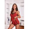imageEkouaer Womens Pajama Sets Soft Lingerie Sleepwear 2 Piece Cami Shorts Set V Neck Pj Lace NightwearRed