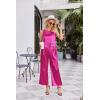 imageEkouaer Womens Satin Pajamas Set 2 Piece Silk Outfits Sleeveless Tank Crop Wide Leg Pants Sleepwear with PocketsHot Pink
