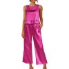 imageEkouaer Womens Satin Pajamas Set 2 Piece Silk Outfits Sleeveless Tank Crop Wide Leg Pants Sleepwear with PocketsHot Pink