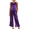 imageEkouaer Womens Satin Pajamas Set 2 Piece Silk Outfits Sleeveless Tank Crop Wide Leg Pants Sleepwear with PocketsPurple