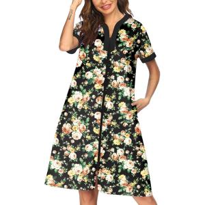 imageEkouaer Housecoat Women Zipper Front Duster Robe Short Sleeve Lounger Housedress Pockets Nightgown Casual Nights SXXXLBlack Flower