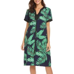 imageEkouaer Housecoat Women Zipper Front Duster Robe Short Sleeve Lounger Housedress Pockets Nightgown Casual Nights SXXXLBlack Green Leaves