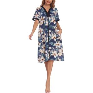 imageEkouaer Housecoat Women Zipper Front Duster Robe Short Sleeve Lounger Housedress Pockets Nightgown Casual Nights SXXXLBlue Flower