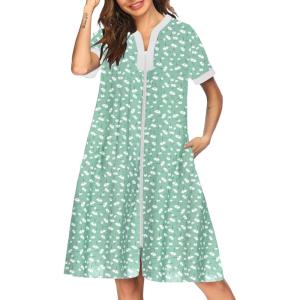 imageEkouaer Housecoat Women Zipper Front Duster Robe Short Sleeve Lounger Housedress Pockets Nightgown Casual Nights SXXXLLight Green Flower