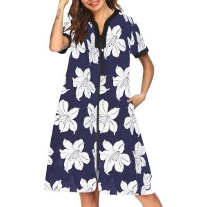 imageEkouaer Housecoat Women Zipper Front Duster Robe Short Sleeve Lounger Housedress Pockets Nightgown Casual Nights SXXXLNavy White Flower