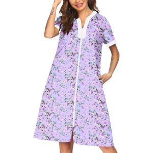 imageEkouaer Housecoat Women Zipper Front Duster Robe Short Sleeve Lounger Housedress Pockets Nightgown Casual Nights SXXXLPurple Flower