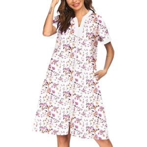 imageEkouaer Housecoat Women Zipper Front Duster Robe Short Sleeve Lounger Housedress Pockets Nightgown Casual Nights SXXXLWhite Flower