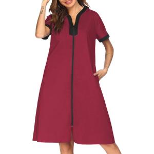 imageEkouaer Housecoat Women Zipper Front Duster Robe Short Sleeve Lounger Housedress Pockets Nightgown Casual Nights SXXXLWine Red