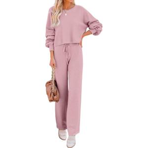imageEkouaer Knit Lounge Sets for Women 2 Piece Cozy Long Sleeve Pullover Sweater Top and Wide Leg Pants Set Pajamas OutfitsPink