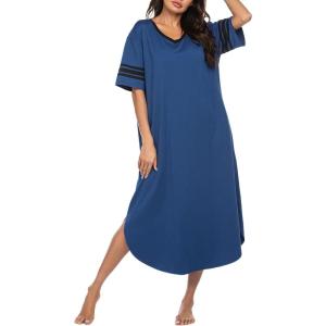imageEkouaer Long Nightgown Womens V Neck Loungewear Oversized Sleepwear Loose Sleep Dress S4XLBlue