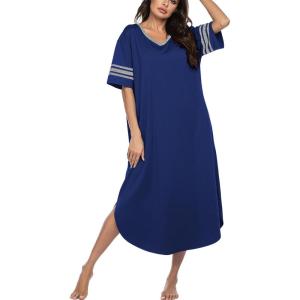 imageEkouaer Long Nightgown Womens V Neck Loungewear Oversized Sleepwear Loose Sleep Dress S4XLDeep Blue