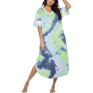 imageEkouaer Long Nightgown Womens V Neck Loungewear Oversized Sleepwear Loose Sleep Dress S4XLGreen Tie Dye