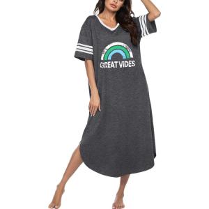 imageEkouaer Long Nightgown Womens V Neck Loungewear Oversized Sleepwear Loose Sleep Dress S4XLGrey Rainbow