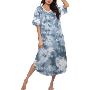 imageEkouaer Long Nightgown Womens V Neck Loungewear Oversized Sleepwear Loose Sleep Dress S4XLGrey Tie Dye
