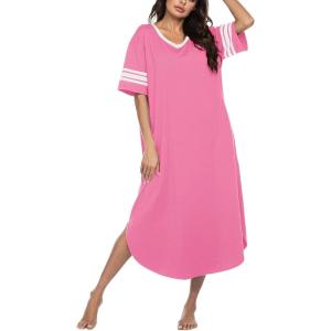 imageEkouaer Long Nightgown Womens V Neck Loungewear Oversized Sleepwear Loose Sleep Dress S4XLPeach Pink